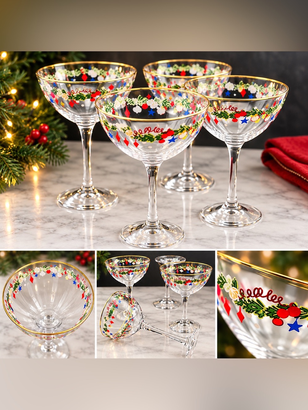 🎄 Indigo x Vincent Moustache Floral Gold Rim Coupe Glasses - Set of 4 (NWOT)